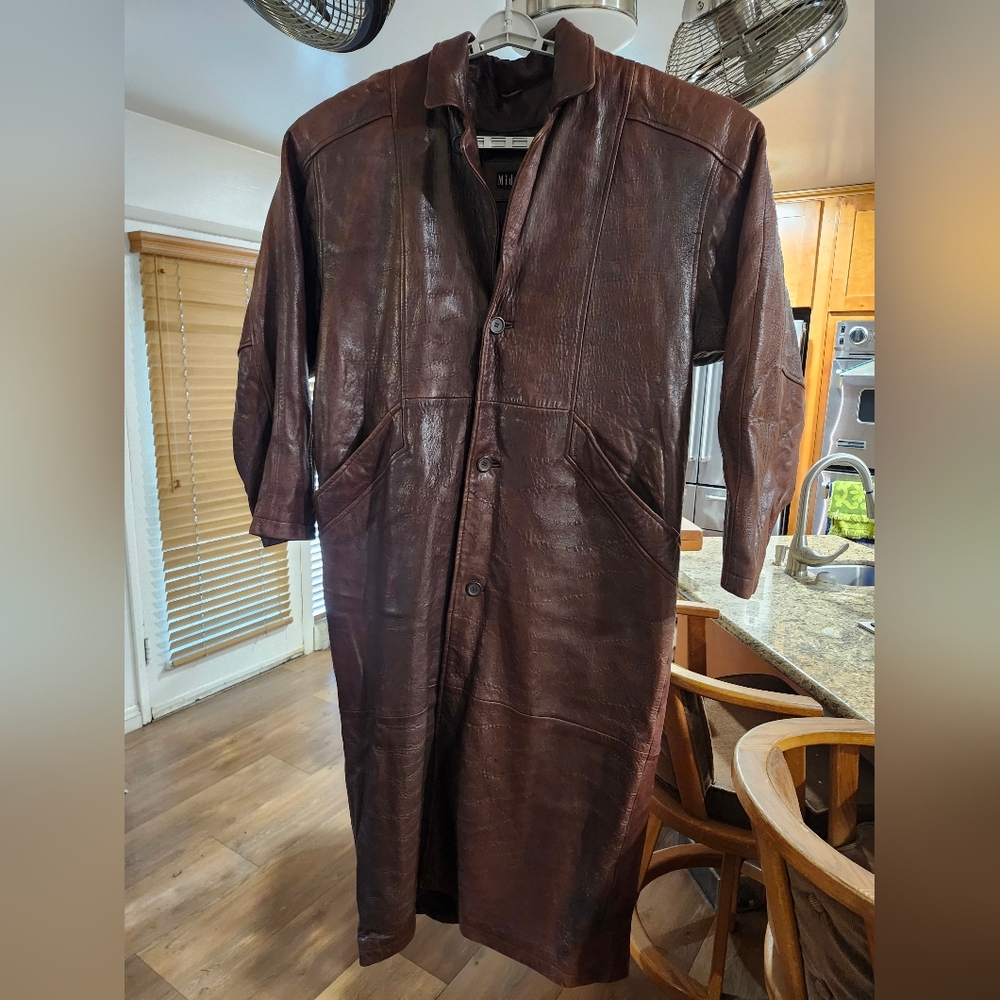 Vintage Midway Genuine Brown Patina Leather Trench Coat -Size Large
